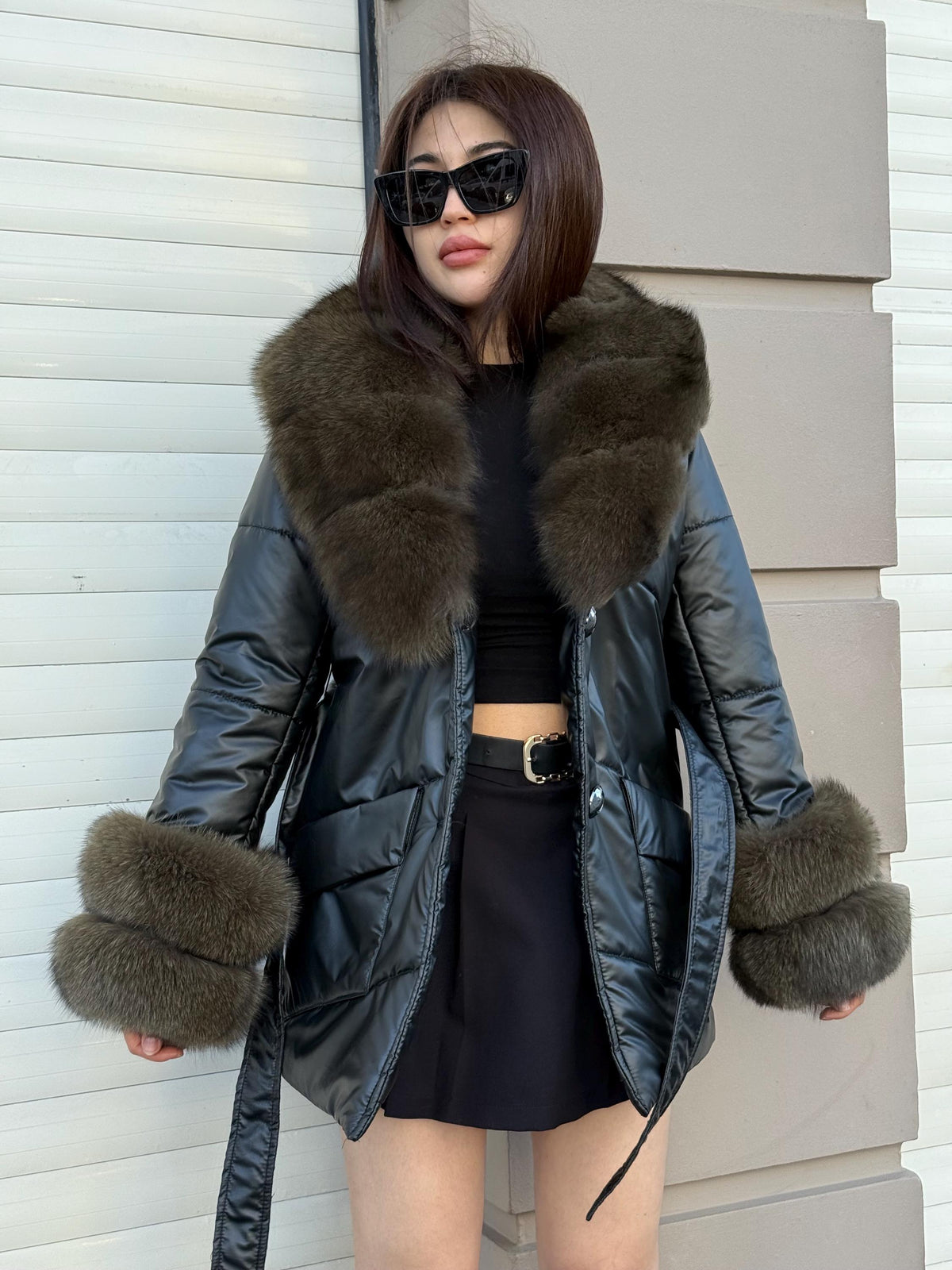 Glam Black Puffer Coat, Women’s Handmade Short Collar Cuffs Fox Fur Jacket