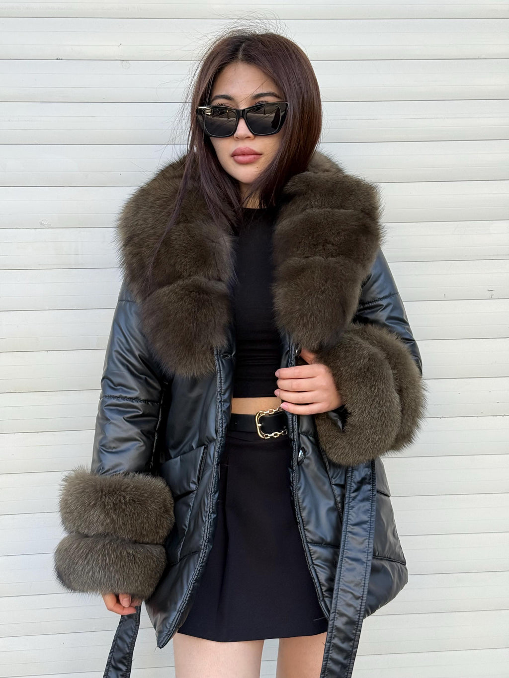 Glam Black Puffer Coat, Women’s Handmade Short Collar Cuffs Fox Fur Jacket