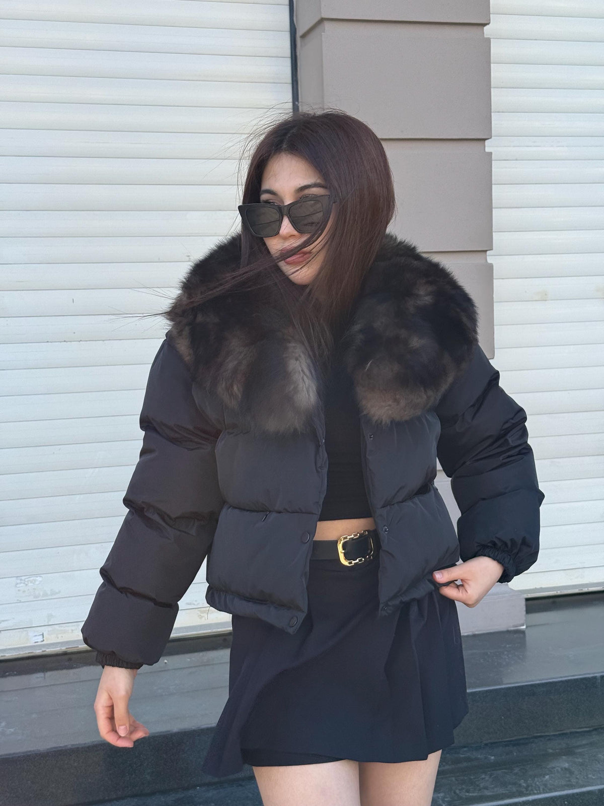 Women’s Black Short Puffer Coat: Collar Detachable Sable Color Fox Fur Jacket