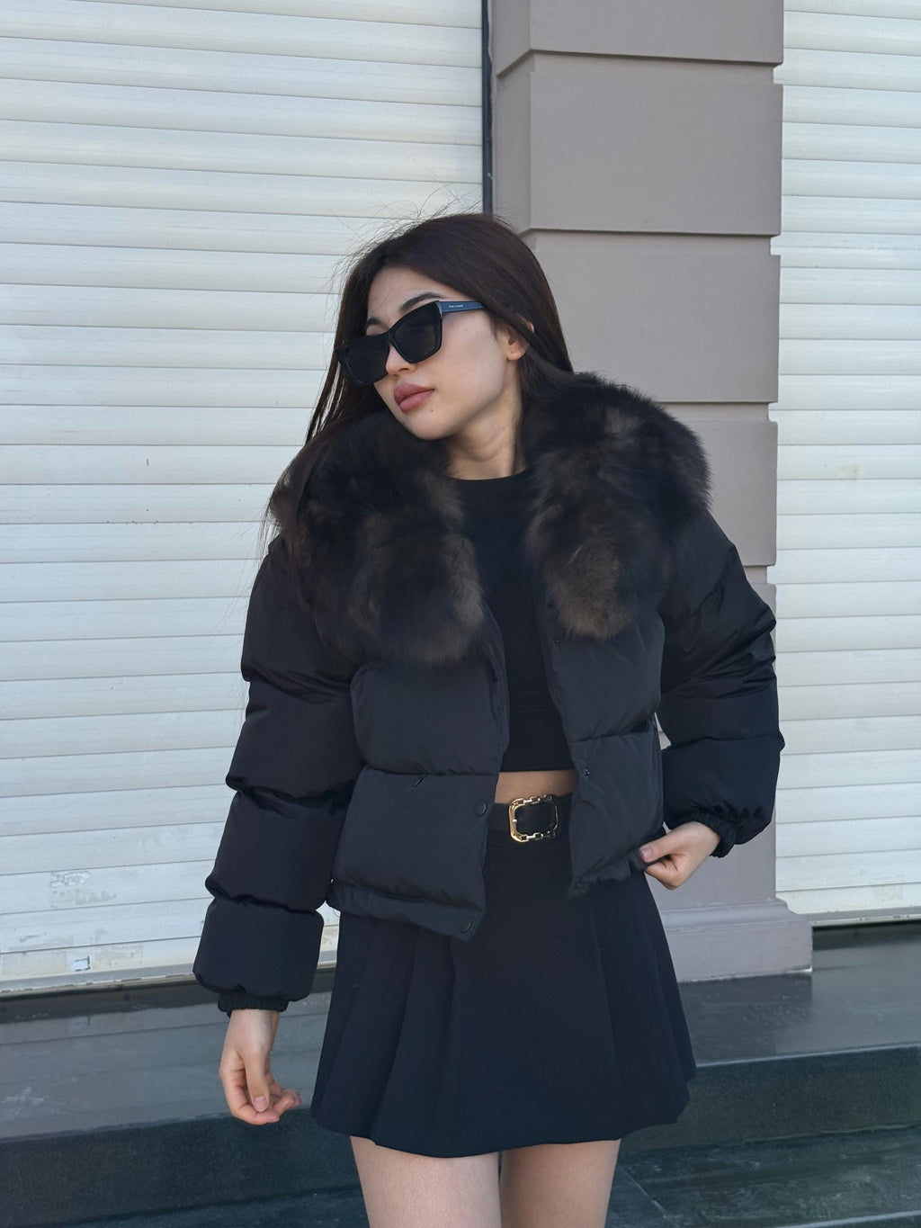 Women’s Black Short Puffer Coat: Collar Detachable Sable Color Fox Fur Jacket