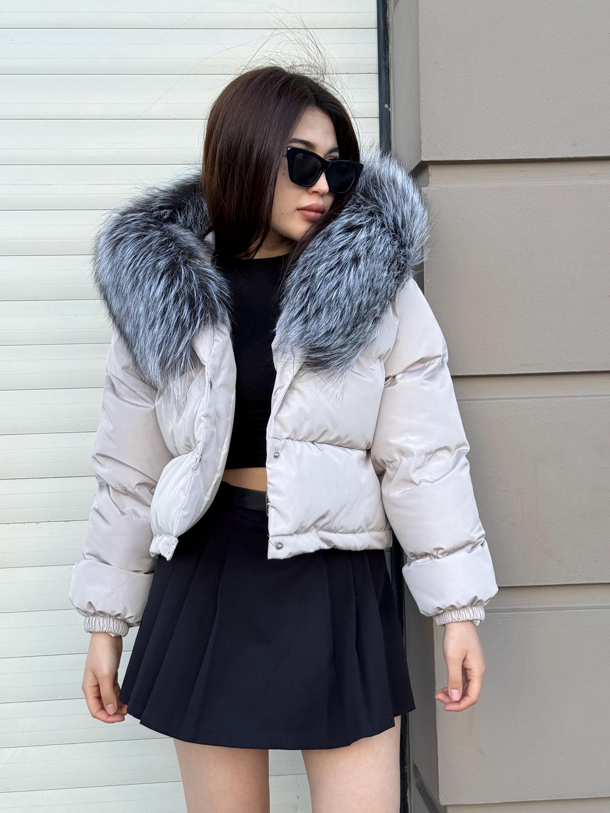 Women’s Beige Short Puffer Coat: Handmade Hood - Frost Fox Fur Jacket