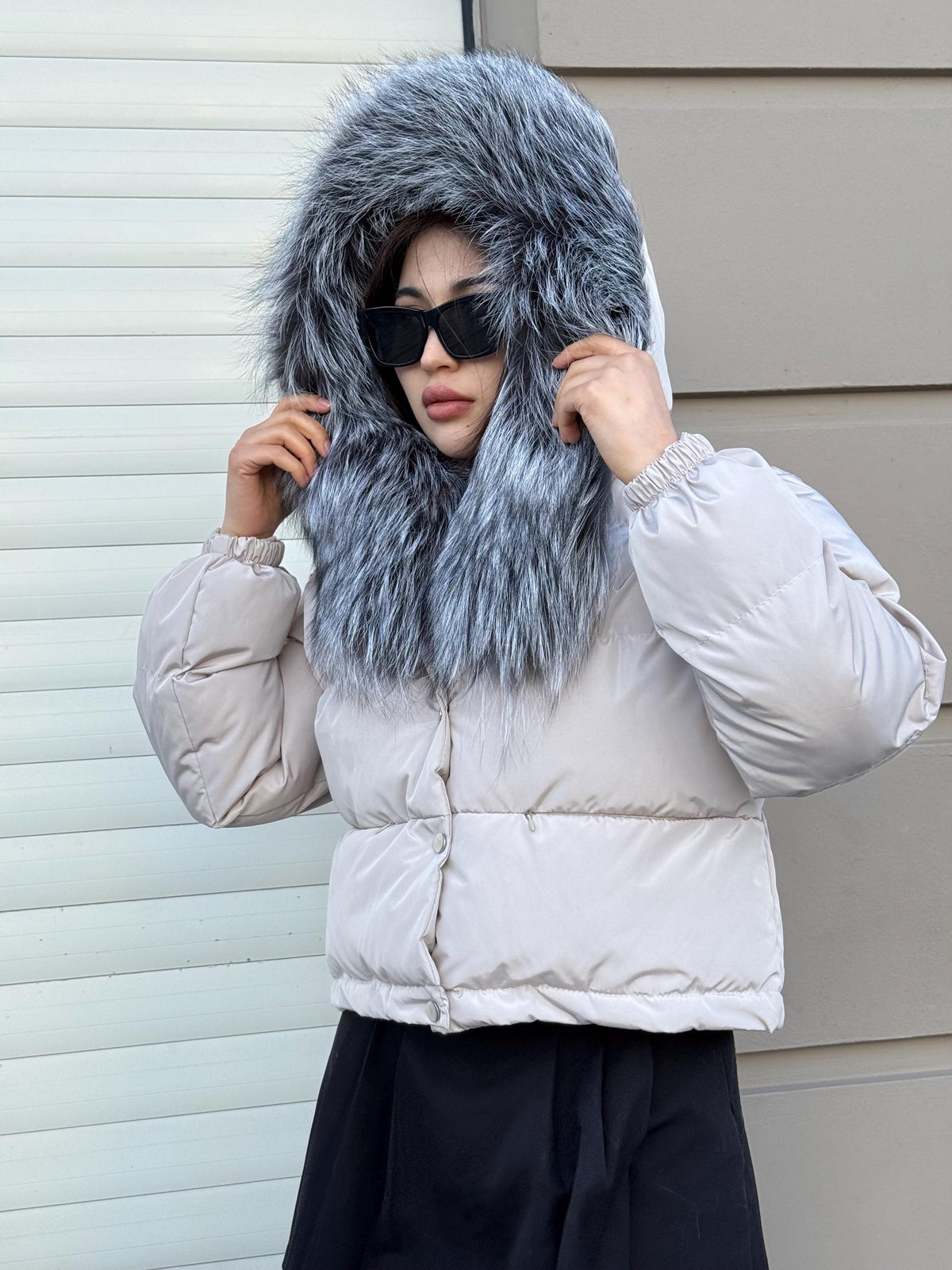Women’s Beige Short Puffer Coat: Handmade Hood - Frost Fox Fur Jacket