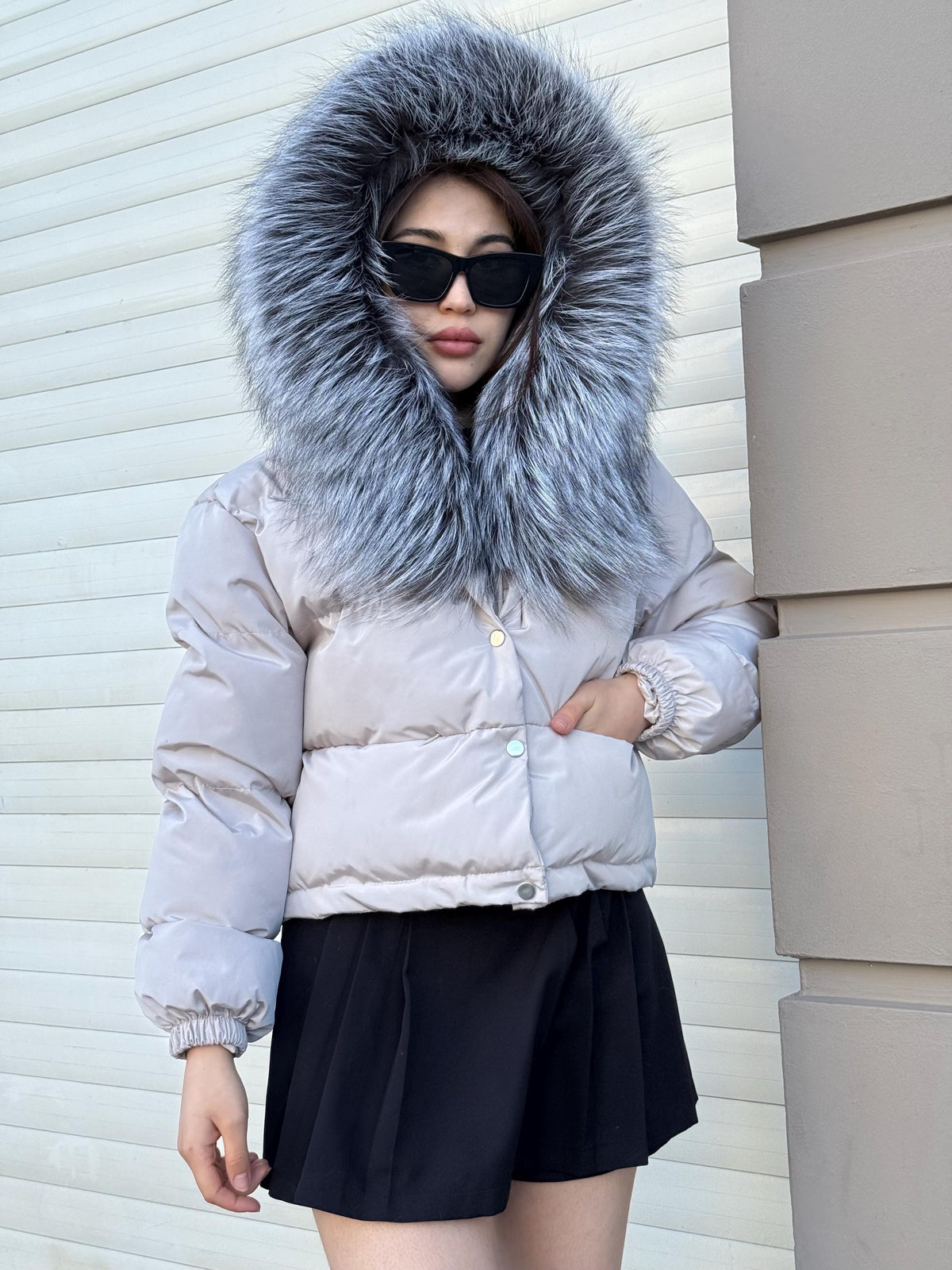 Women’s Beige Short Puffer Coat: Handmade Hood - Frost Fox Fur Jacket