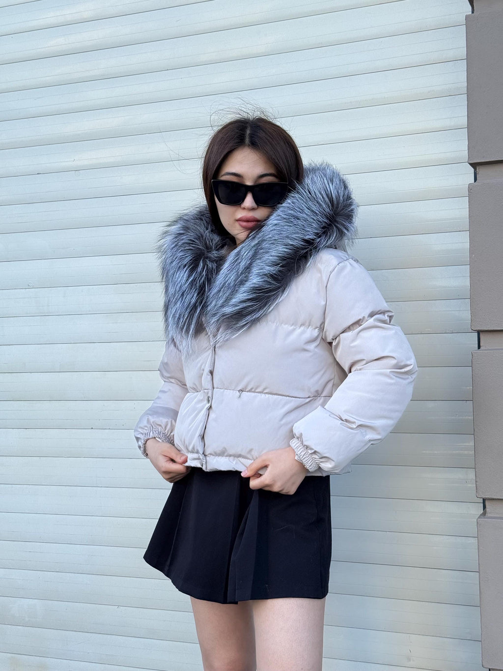 Women’s Beige Short Puffer Coat: Handmade Hood - Frost Fox Fur Jacket