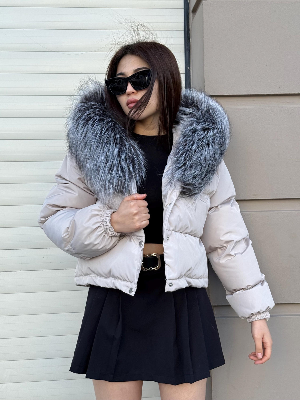 Women’s Beige Short Puffer Coat: Handmade Hood - Frost Fox Fur Jacket