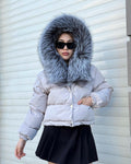 Women’s Beige Short Puffer Coat: Handmade Hood - Frost Fox Fur Jacket
