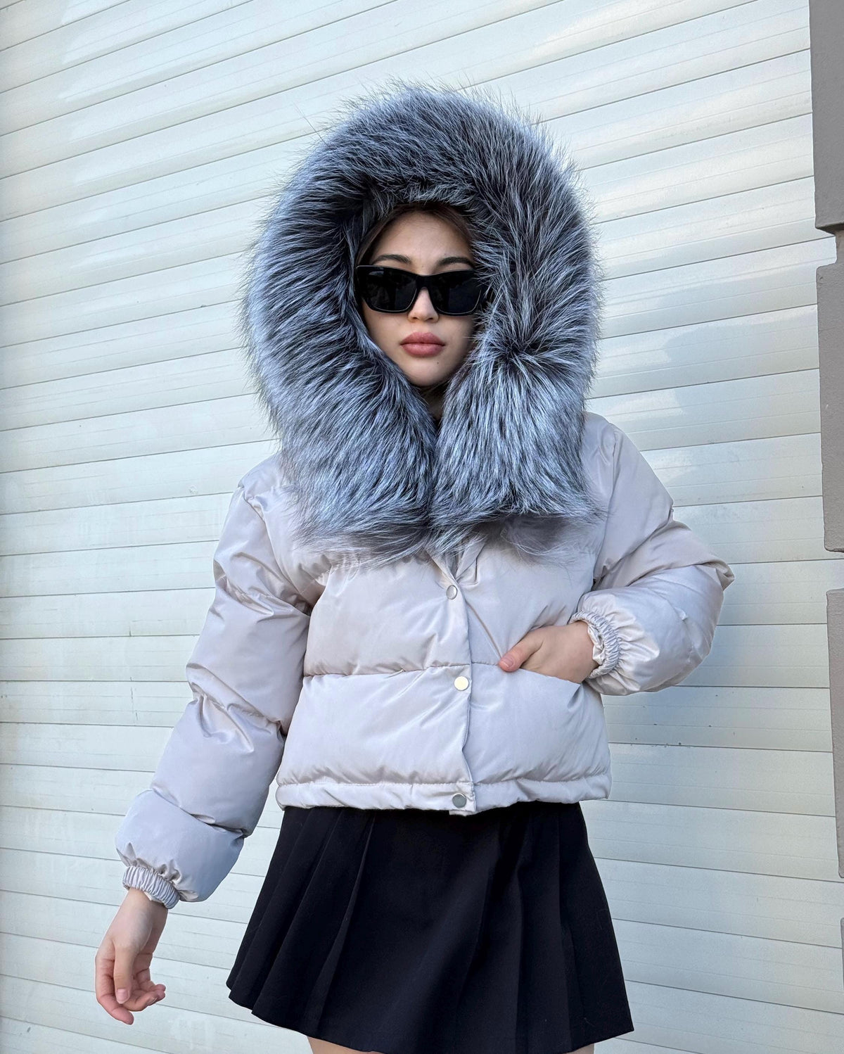 Women’s Beige Short Puffer Coat: Handmade Hood - Frost Fox Fur Jacket