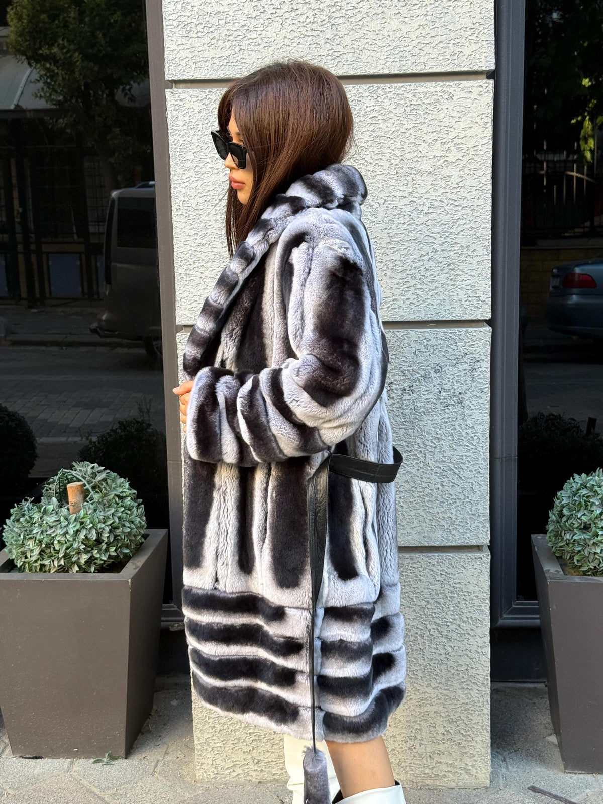 Gray Rex Fur Coat, Luxury Women’s Chinchilla Pattern Rabbit Fur Jacket