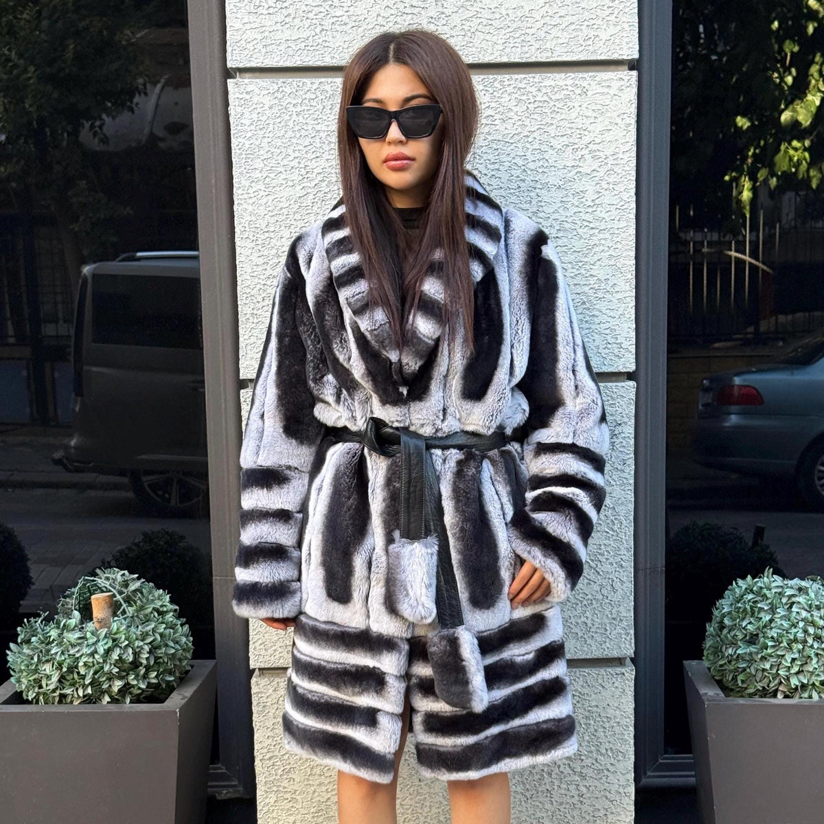 Gray Rex Fur Coat, Luxury Women’s Chinchilla Pattern Rabbit Fur Jacket