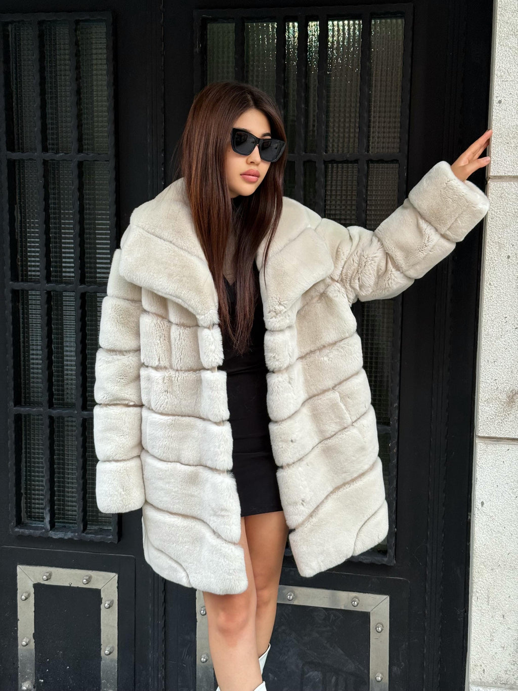 Women’s Beige Rex Fur Jacket, Luxury Handmade Short Rabbit Fur Coat
