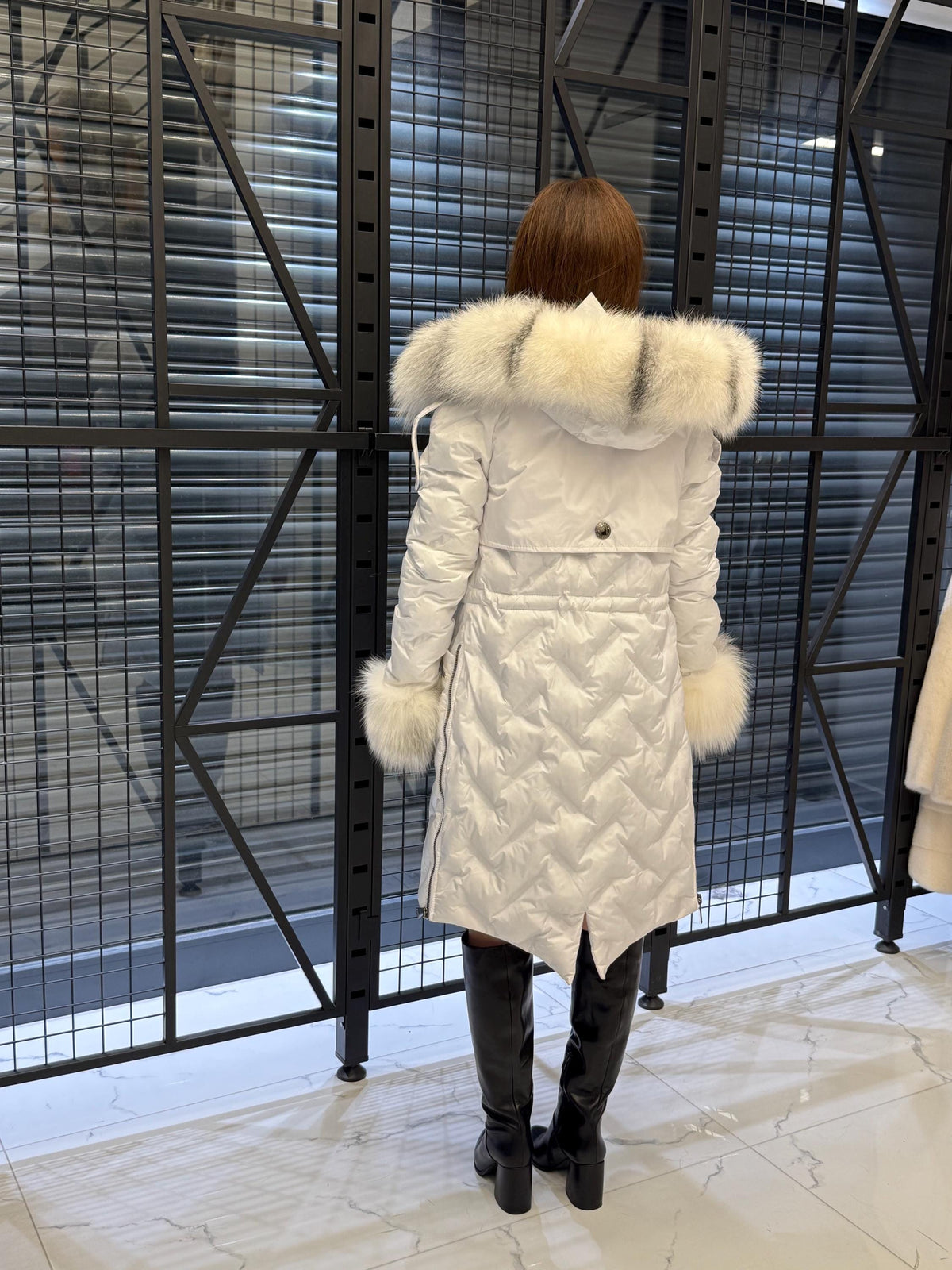Women’s White Parka Puffer Coat with Removable Fur Trim | Hood Front Arctic Fox Fur Jacket
