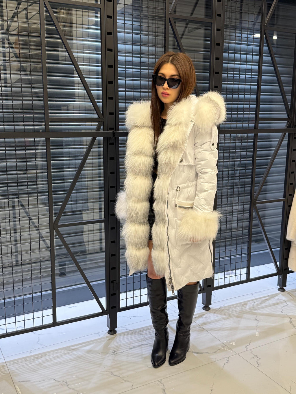 Women’s White Parka Puffer Coat with Removable Fur Trim | Hood Front Arctic Fox Fur Jacket