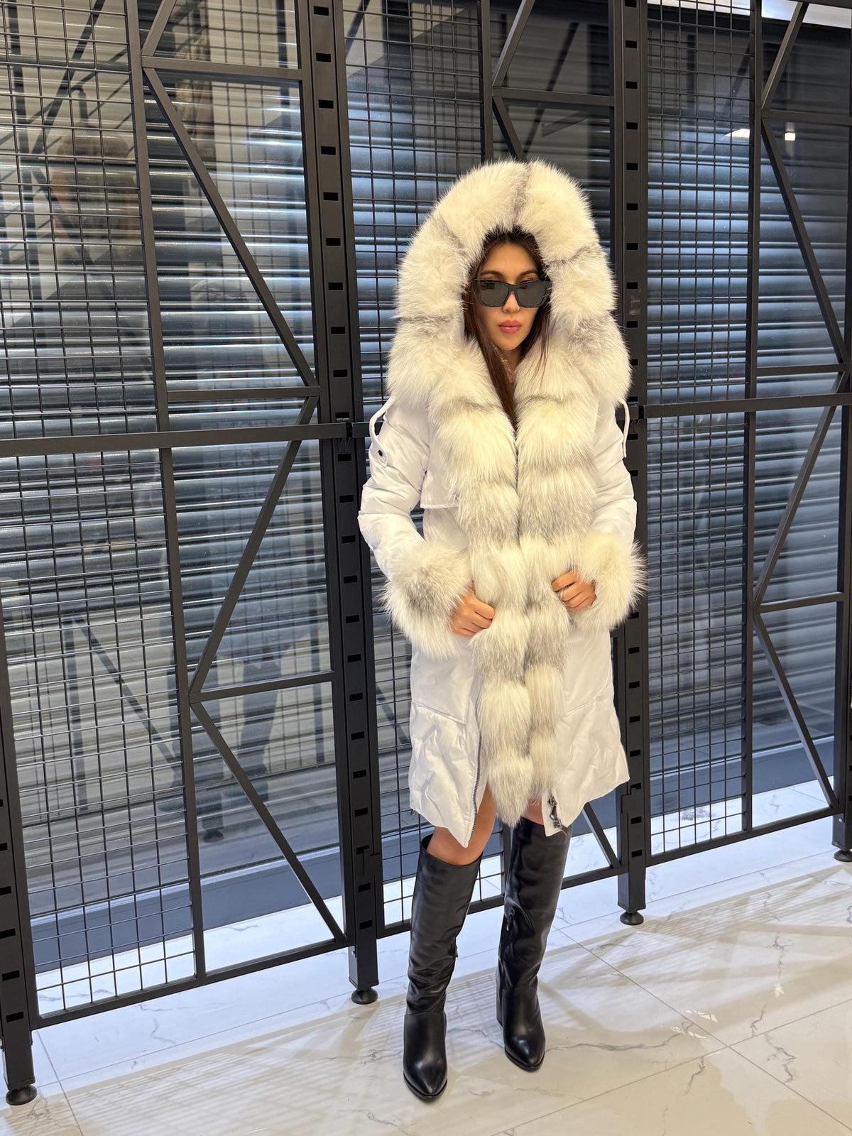 Women’s White Parka Puffer Coat with Removable Fur Trim | Hood Front Arctic Fox Fur Jacket