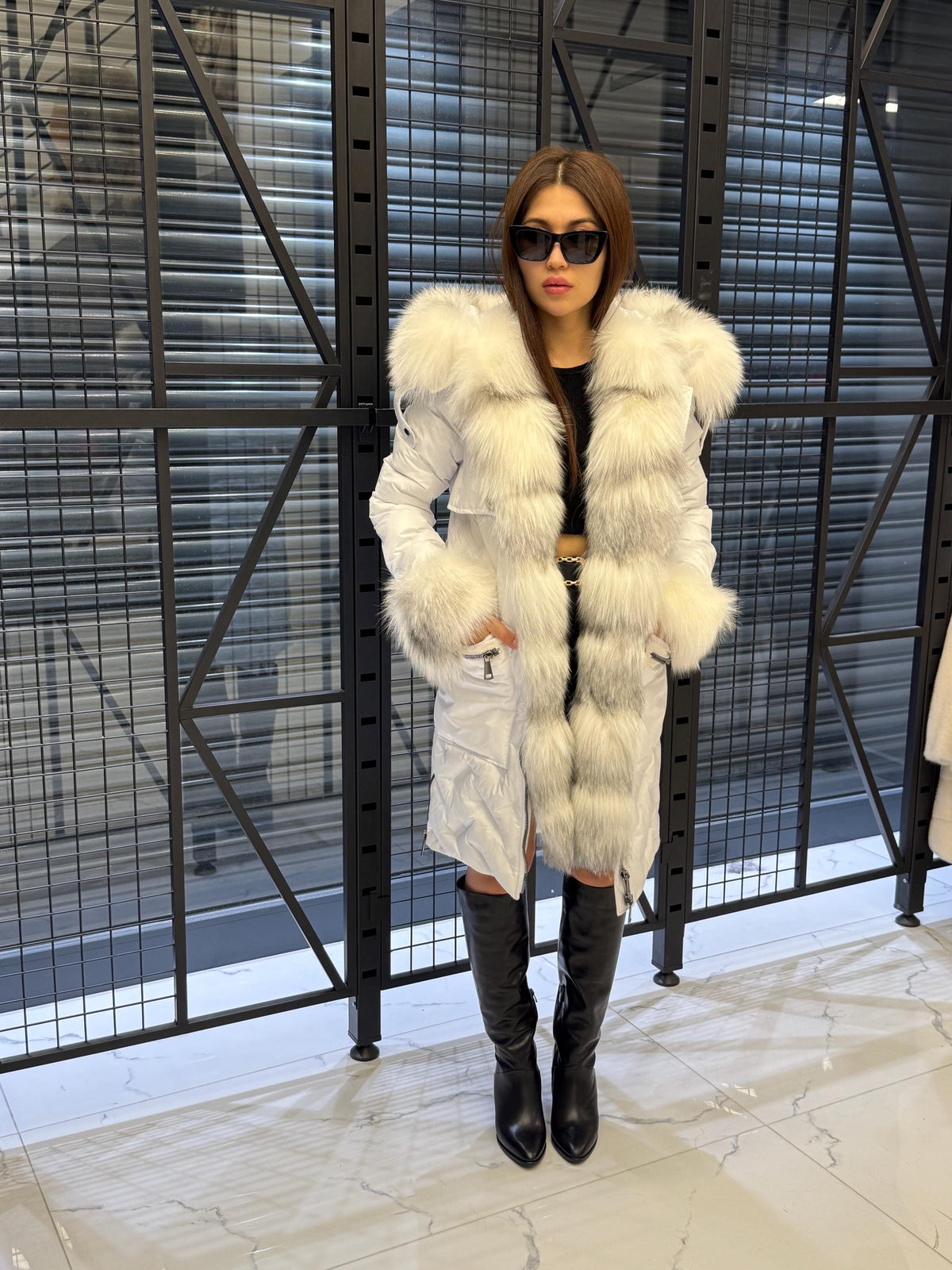 Women’s White Parka Puffer Coat with Removable Fur Trim | Hood Front Arctic Fox Fur Jacket