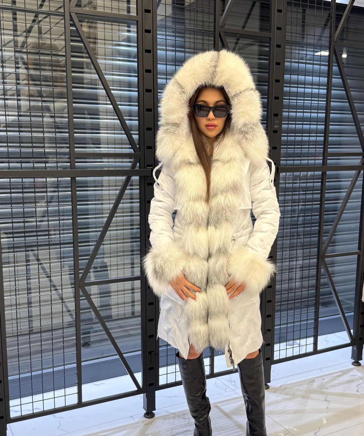 Women’s White Parka Puffer Coat with Removable Fur Trim | Hood Front Arctic Fox Fur Jacket