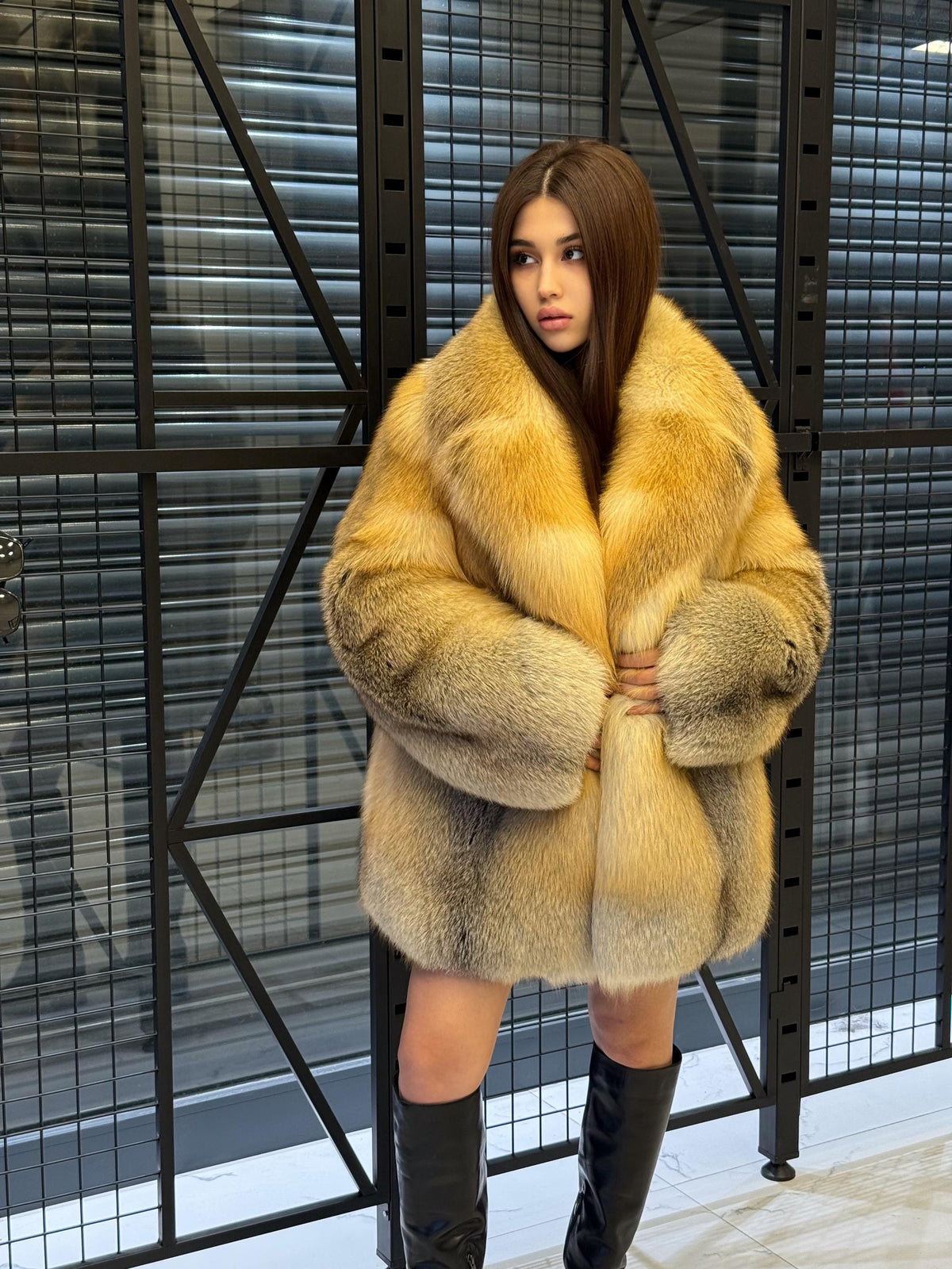 Unisex Gold Fox Fur Coat, Luxury Handmade Winter Fur Jacket