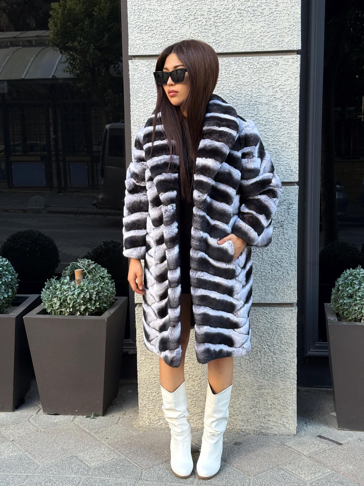 Handmade Rex Rabbit Fur Coat: Chinchilla Pattern Luxury Long Coat