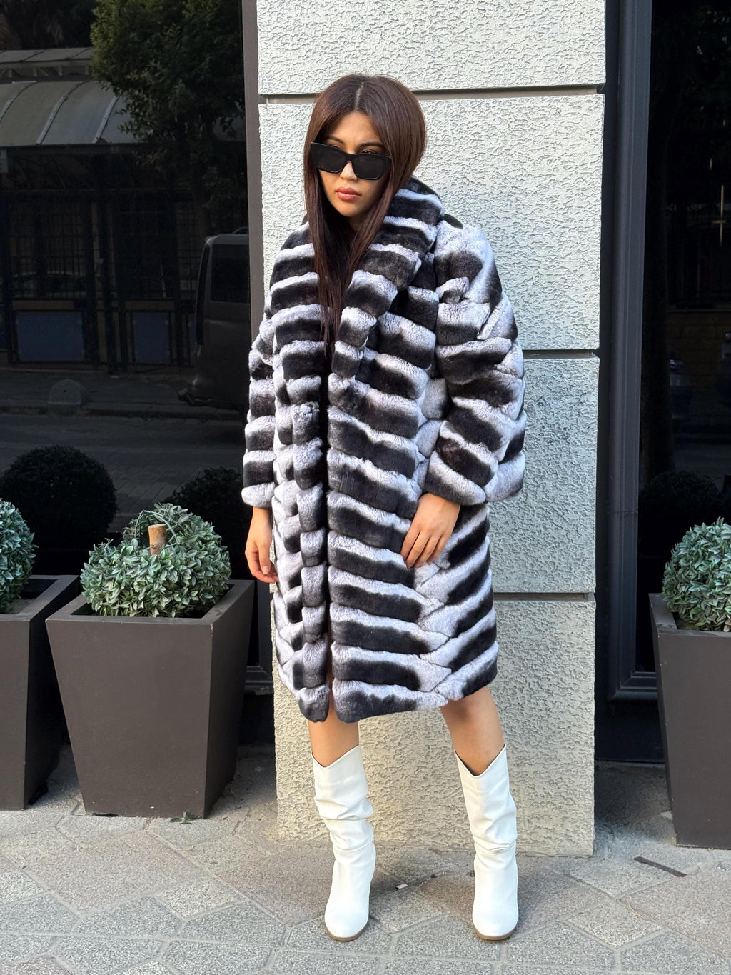 Handmade Rex Rabbit Fur Coat: Chinchilla Pattern Luxury Long Coat