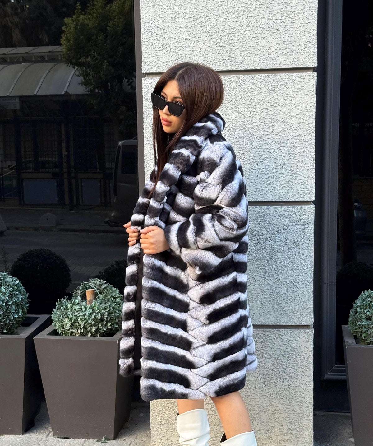 Handmade Rex Rabbit Fur Coat: Chinchilla Pattern Luxury Long Coat