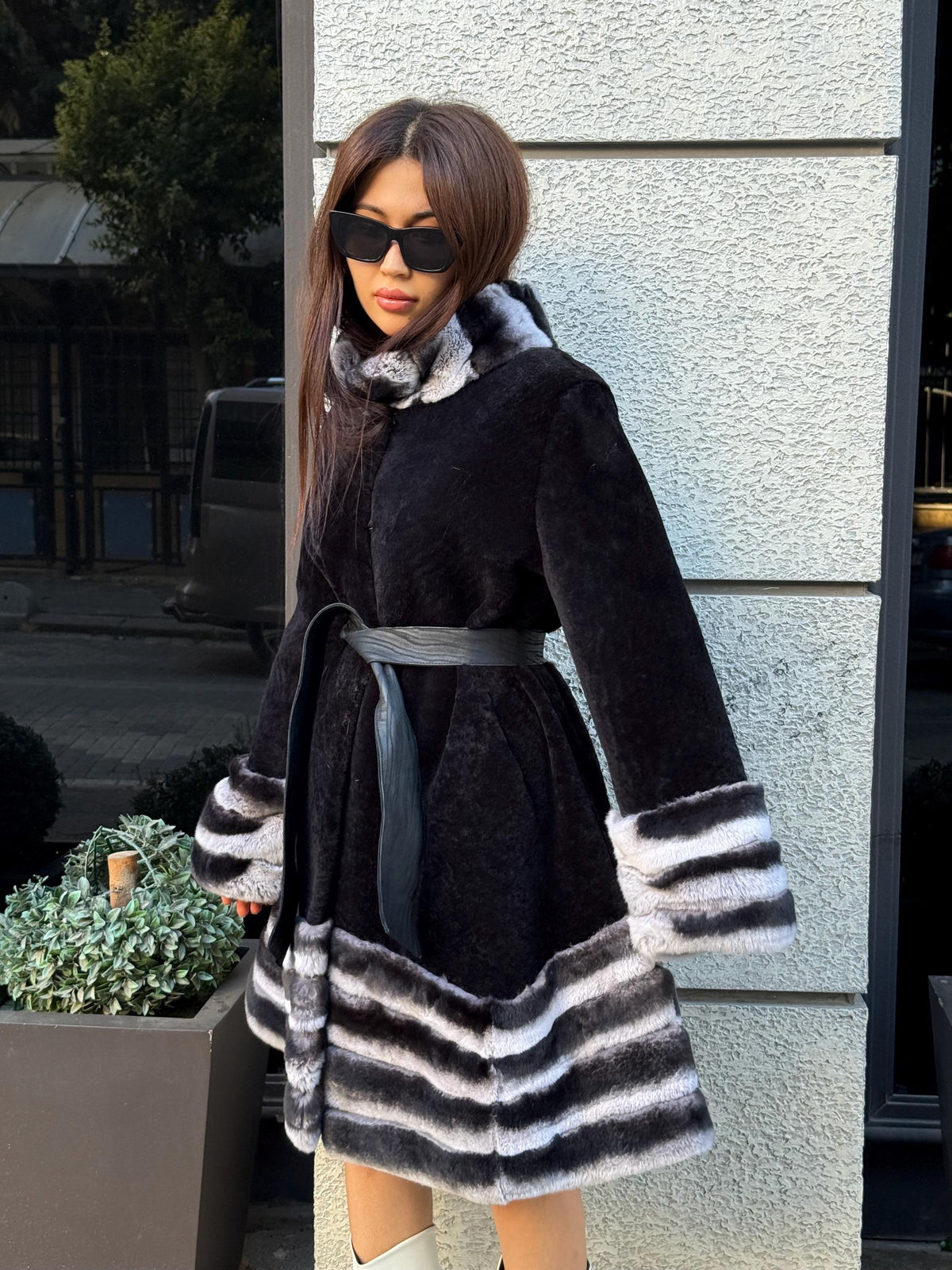 Black Flared Astrakhan Coat, Women’s Rex Rabbit Fur Trim Jacket