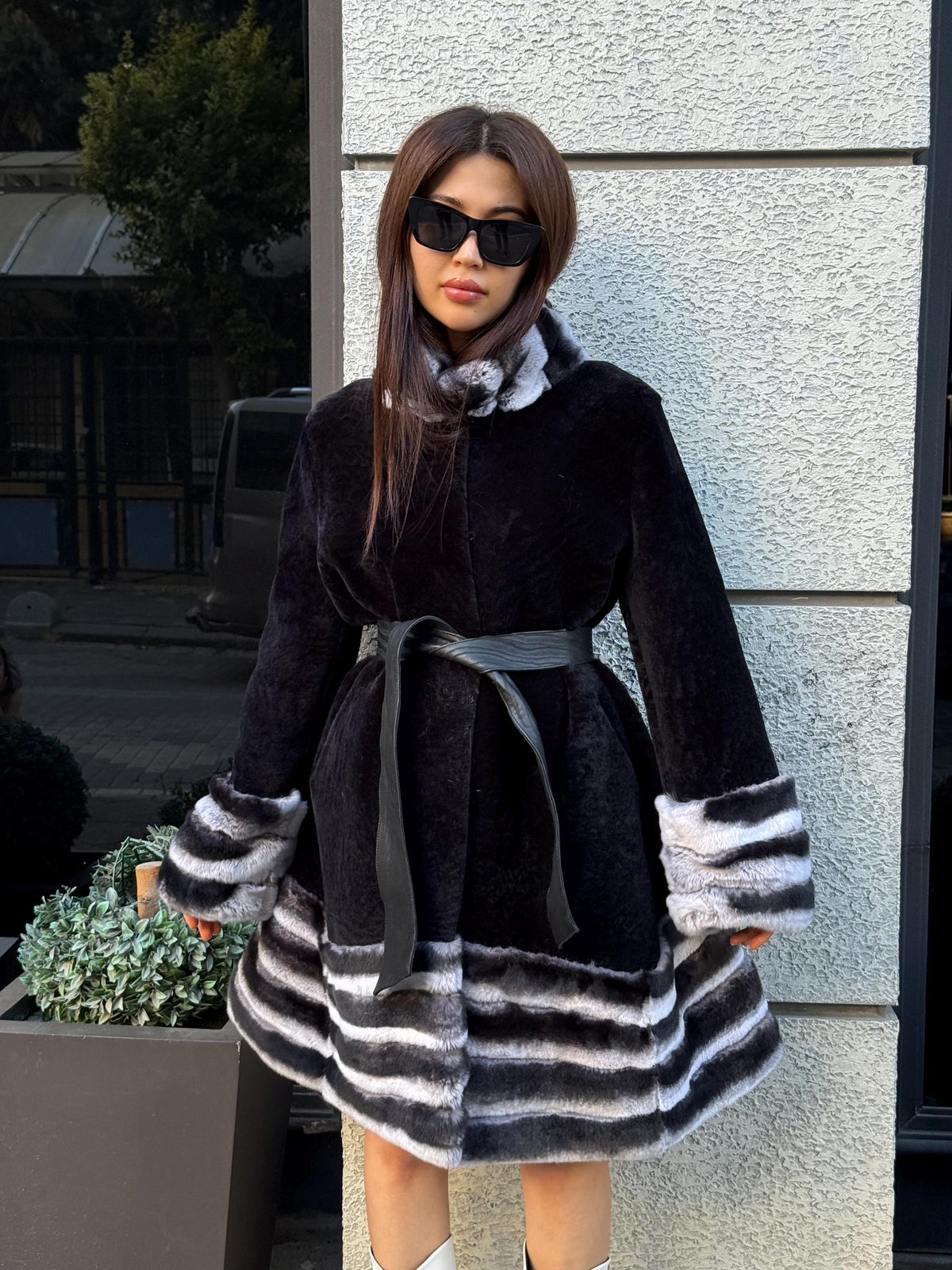 Black Flared Astrakhan Coat, Women’s Rex Rabbit Fur Trim Jacket