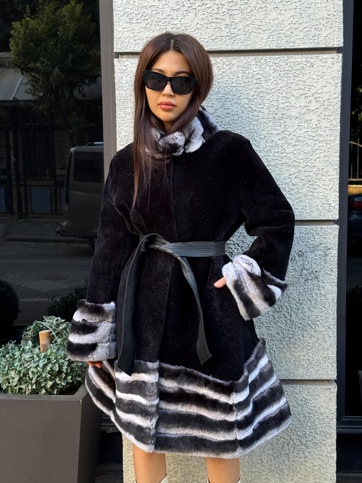 Black Flared Astrakhan Coat, Women’s Rex Rabbit Fur Trim Jacket