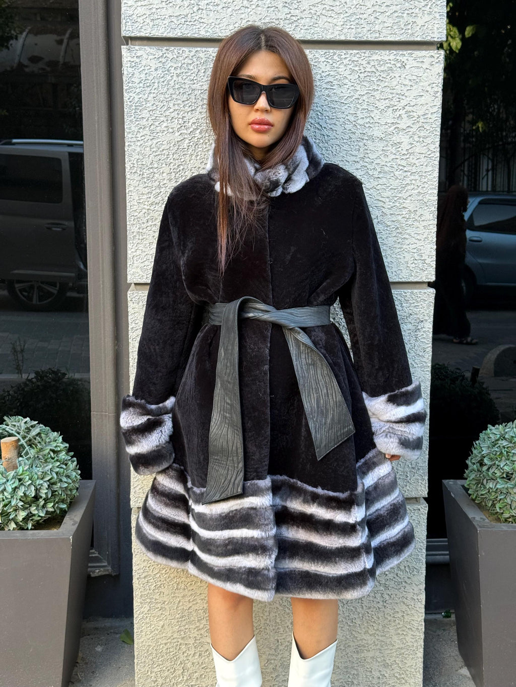 Black Flared Astrakhan Coat, Women’s Rex Rabbit Fur Trim Jacket
