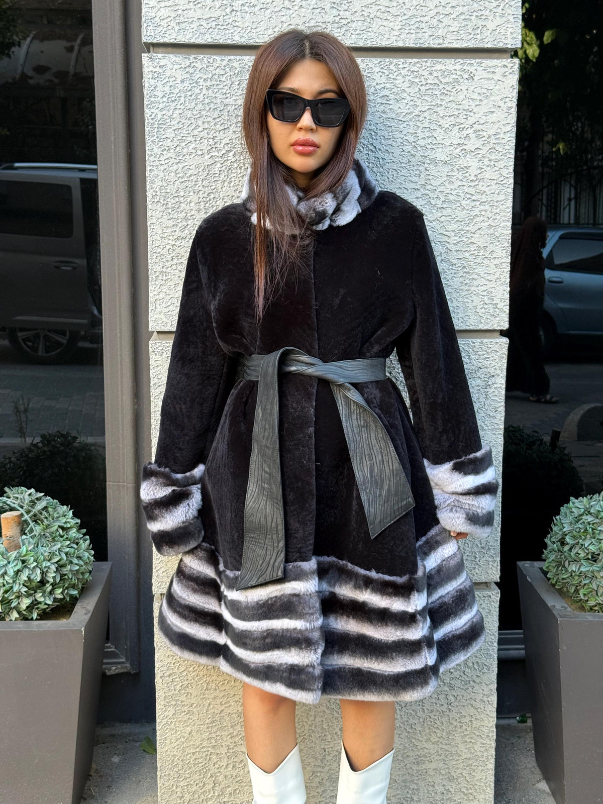 Black Flared Astrakhan Coat, Women’s Rex Rabbit Fur Trim Jacket