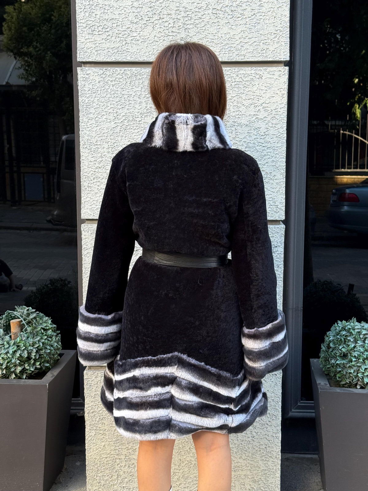 Black Flared Astrakhan Coat, Women’s Rex Rabbit Fur Trim Jacket