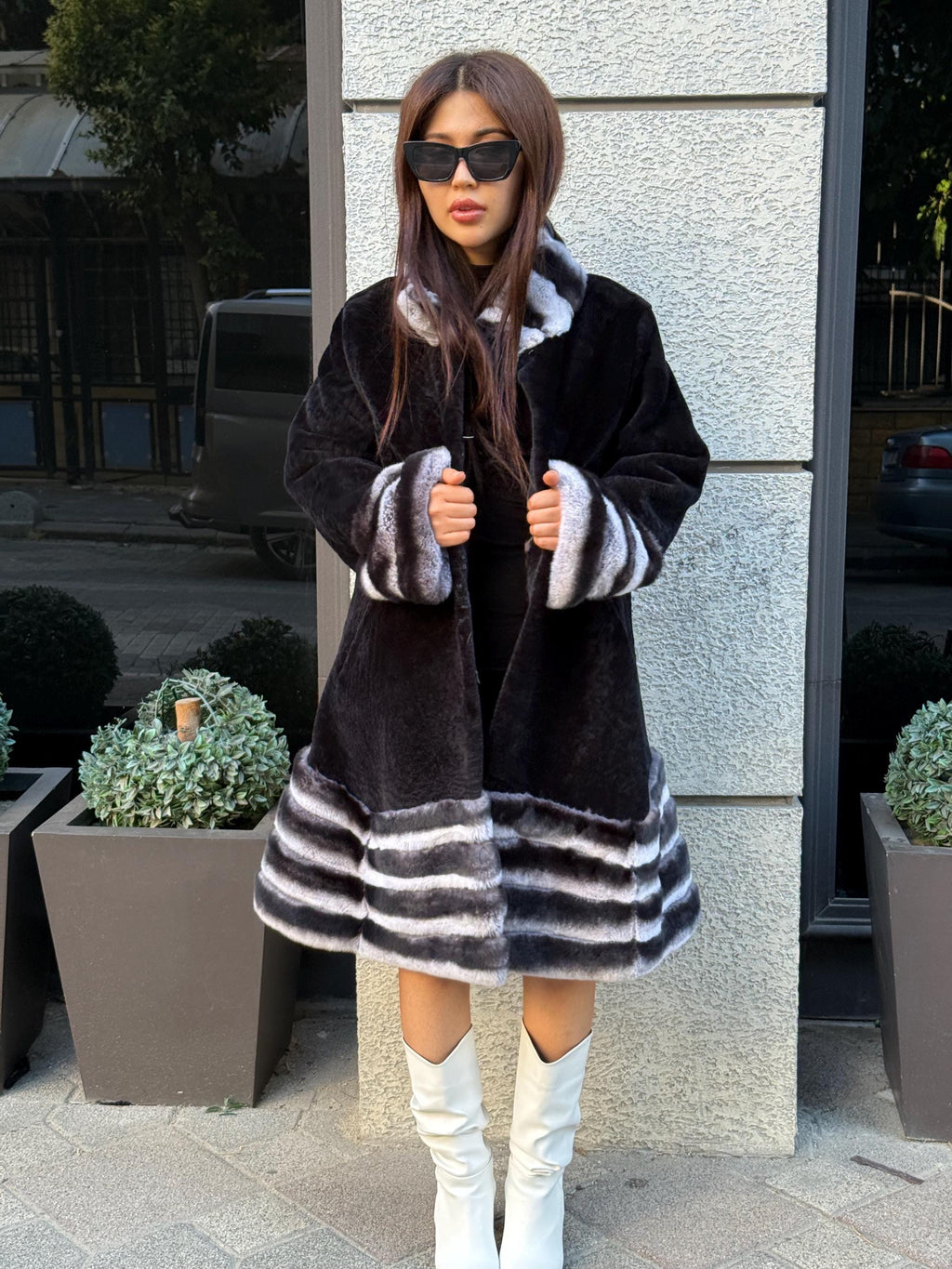 Black Flared Astrakhan Coat, Women’s Rex Rabbit Fur Trim Jacket