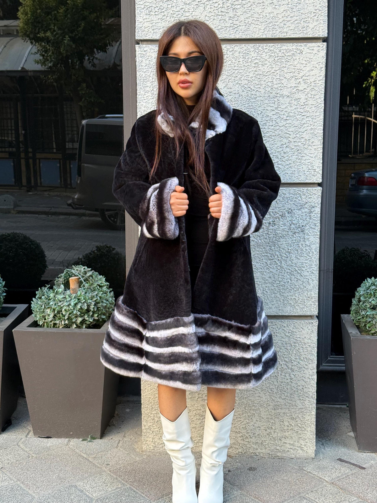 Black Flared Astrakhan Coat, Women’s Rex Rabbit Fur Trim Jacket