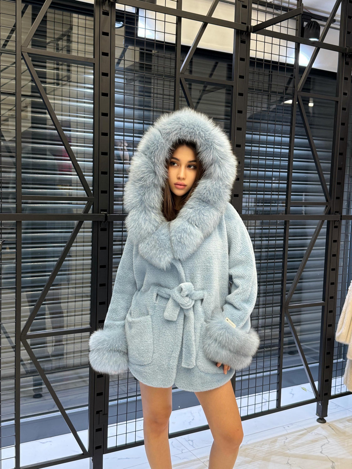 Luxury Sky Blue Alcantara Cape Coat with Fox Fur Hood & Cuffs | Women’s Winter Fox Fur Jacket