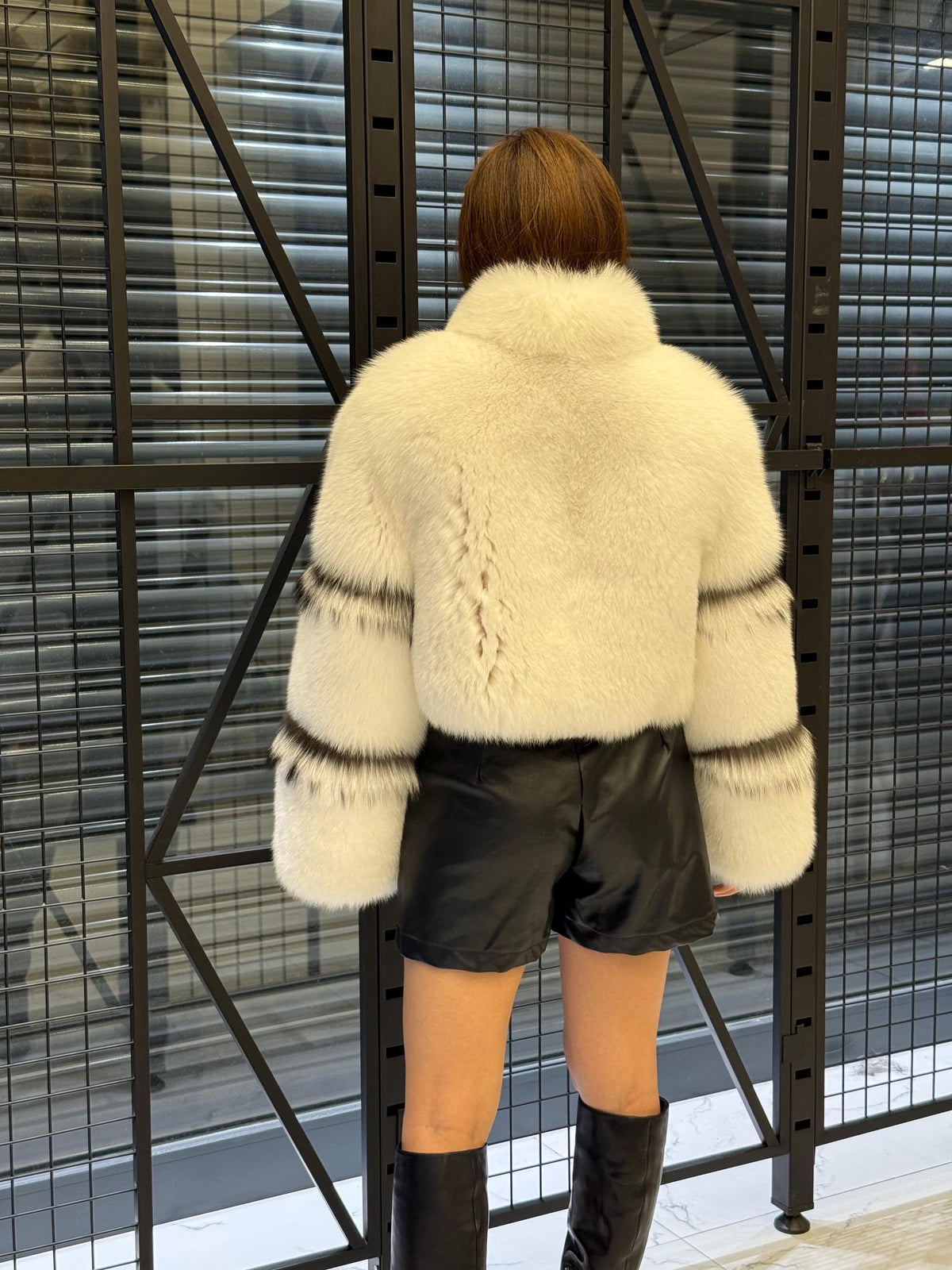 Shadow White Fox Fur Jacket, Women’s Handmade Short Cropped Fur Coat