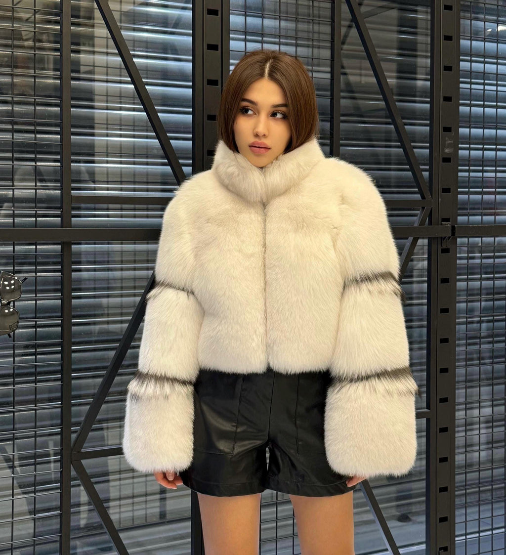 Shadow White Fox Fur Jacket, Women’s Handmade Short Cropped Fur Coat