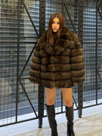 Brown Fox Fur Jacket, Limited Edition Sable Color Fur Coat For Women