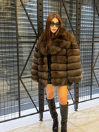 Brown Fox Fur Jacket, Limited Edition Sable Color Fur Coat For Women