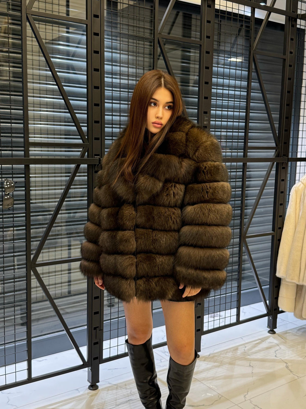 Brown Fox Fur Jacket, Limited Edition Sable Color Fur Coat For Women