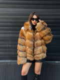 Women’s Golden Fox Fur Jacket, Handmade Short Luxury Red Fox Fur Coat