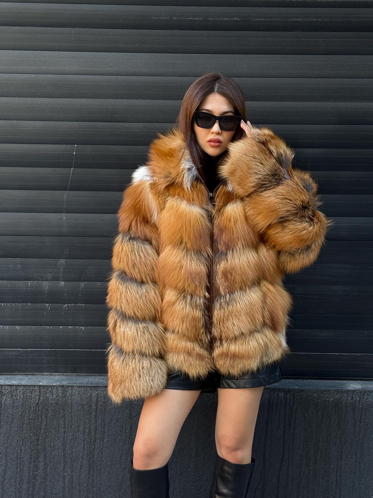 Women’s Golden Fox Fur Jacket, Handmade Short Luxury Red Fox Fur Coat