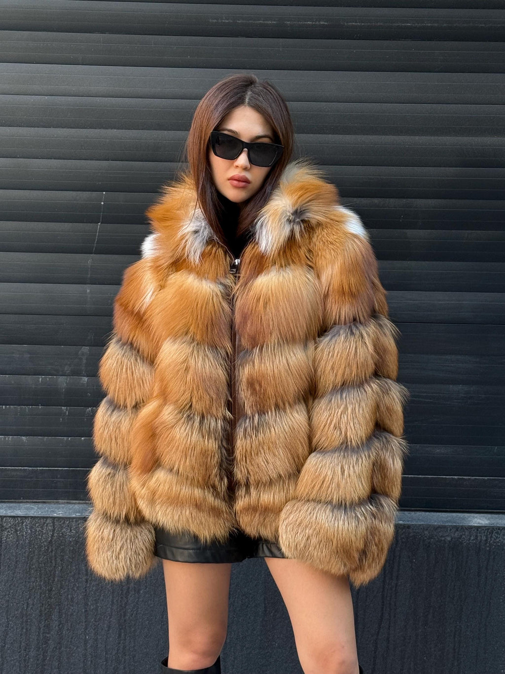 Women’s Golden Fox Fur Jacket, Handmade Short Luxury Red Fox Fur Coat