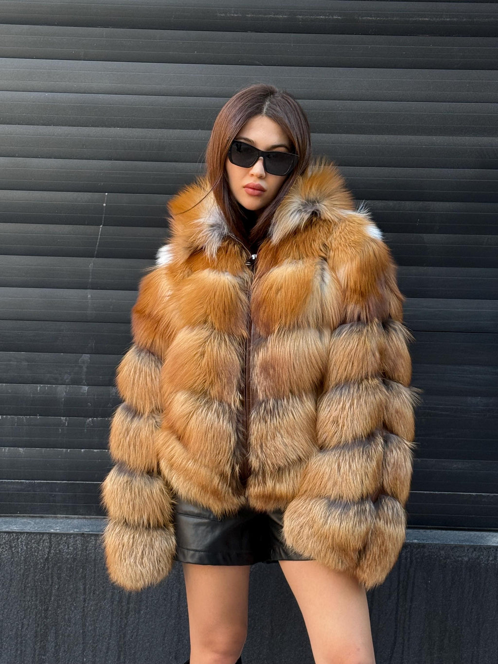Women’s Golden Fox Fur Jacket, Handmade Short Luxury Red Fox Fur Coat