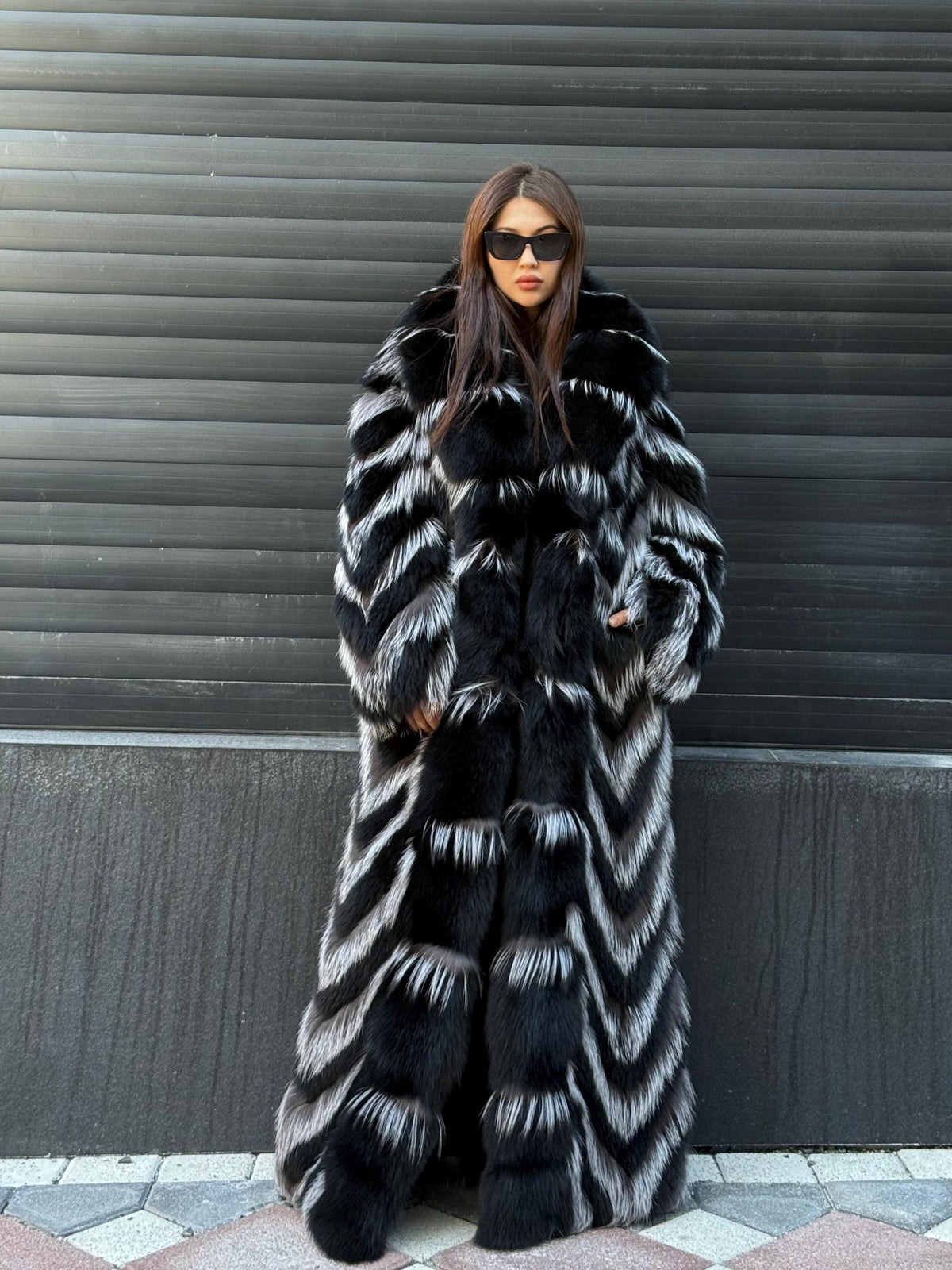 Women’s Black Long Fox Fur Coat, Luxury Handmade Frost Fur Jacket