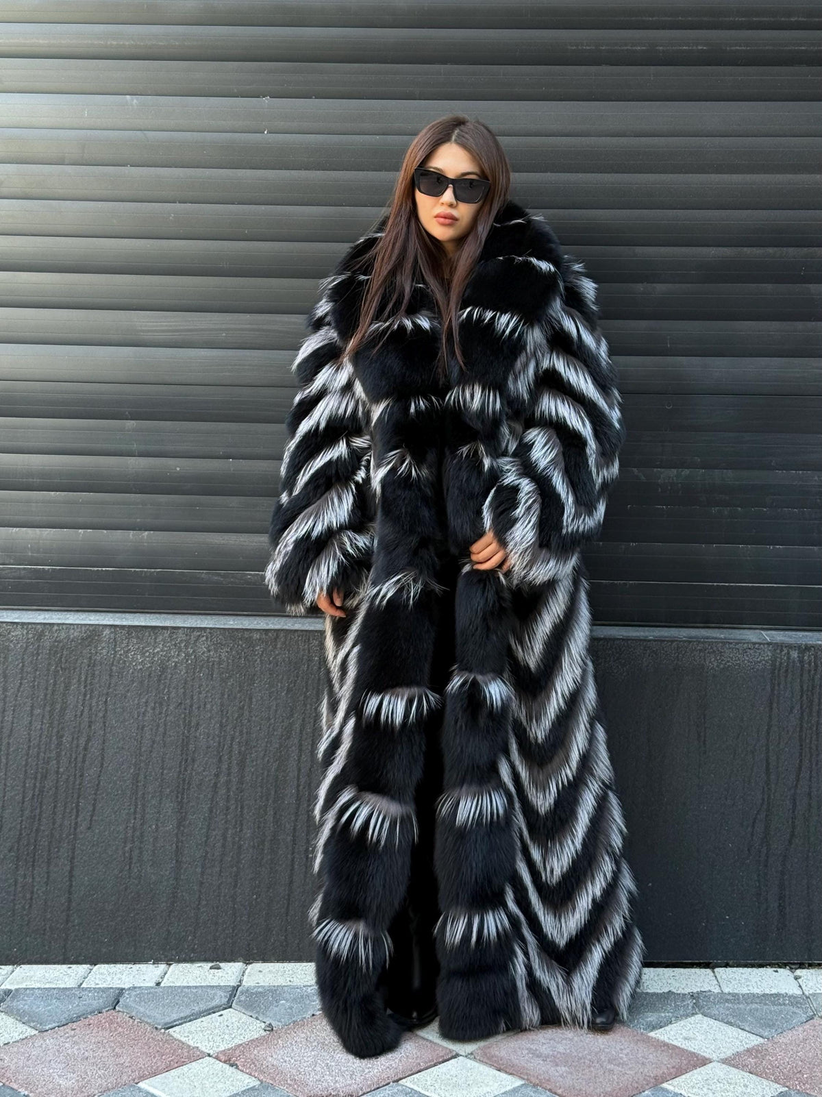 Women’s Black Long Fox Fur Coat, Luxury Handmade Frost Fur Jacket
