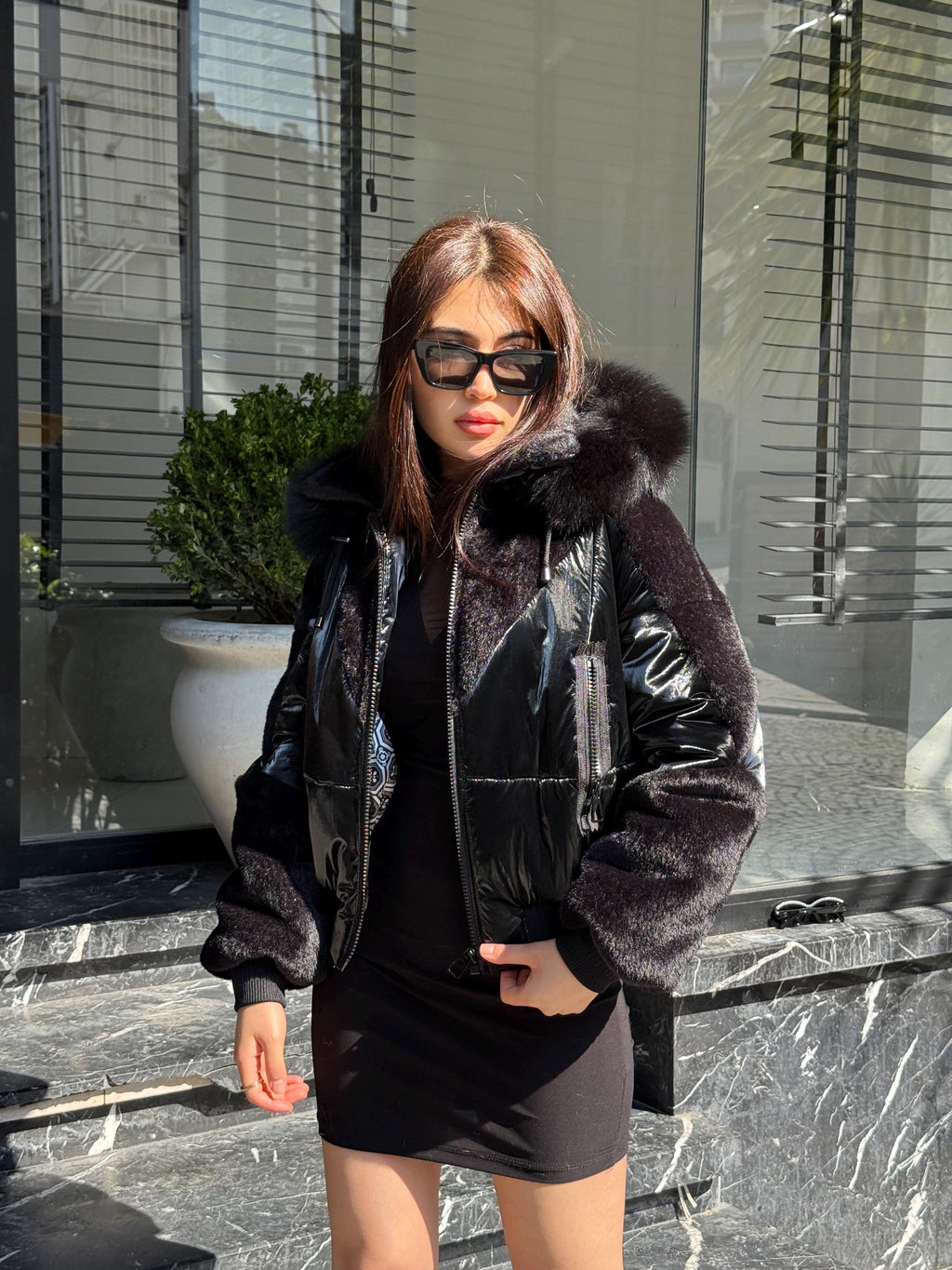 Women’s Black Puffer Coat: Detachable Fox Fur Hood, Handmade Winter Coat