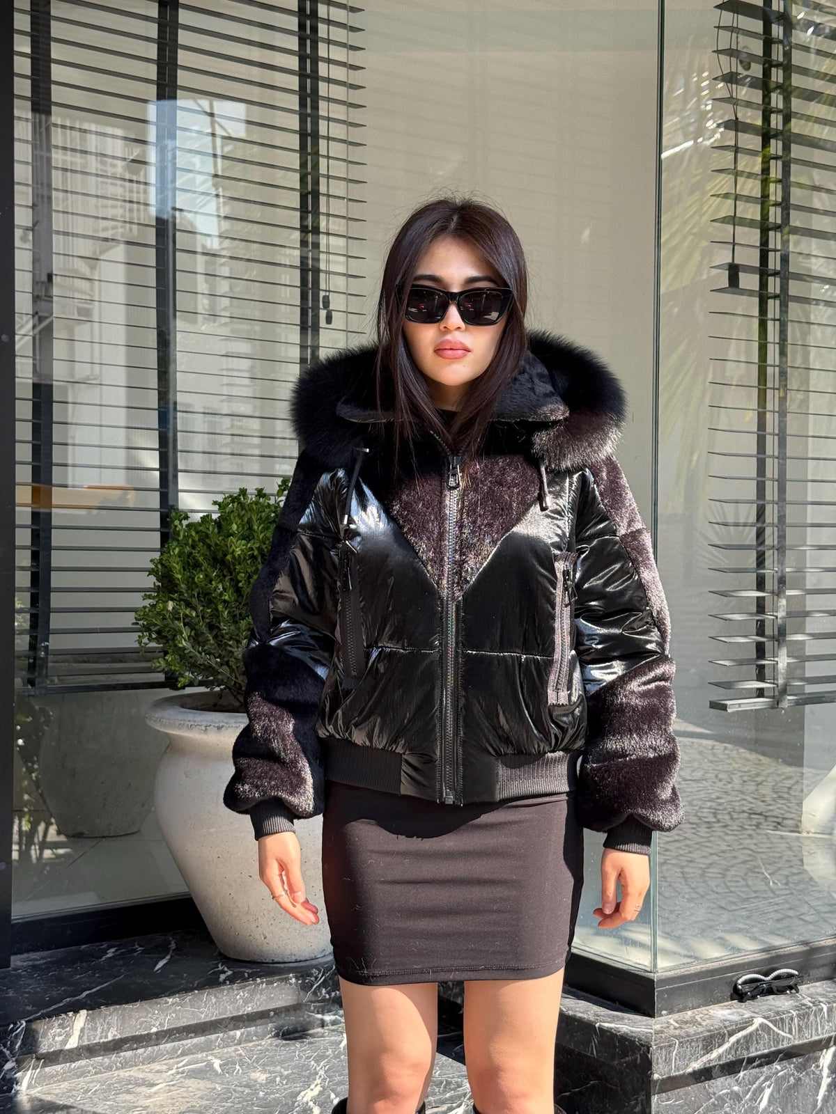 Women’s Black Puffer Coat: Detachable Fox Fur Hood, Handmade Winter Coat
