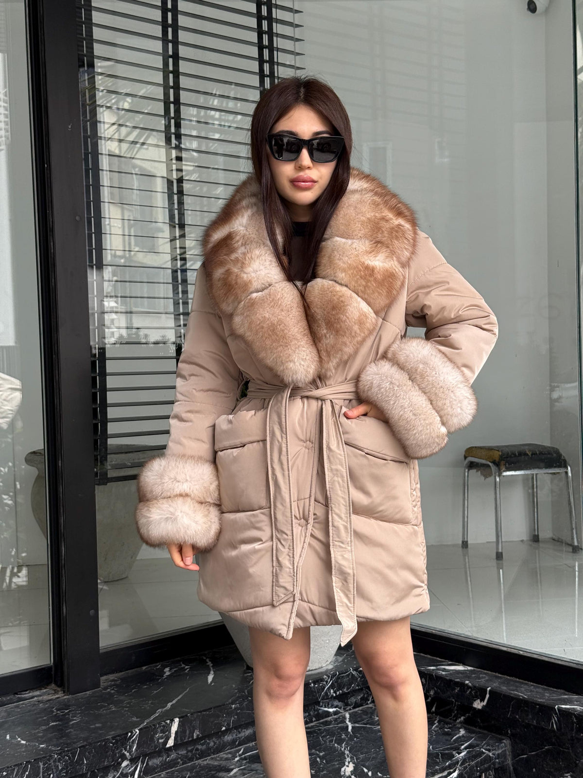 Beige Puffer Coat, Women’s Handmade Short Collar Cuffs Fox Fur Jacket