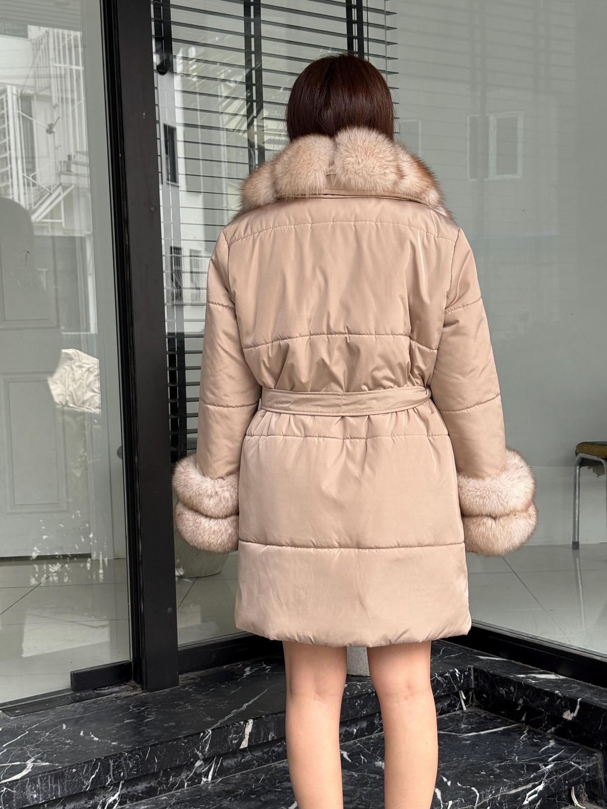 Beige Puffer Coat, Women’s Handmade Short Collar Cuffs Fox Fur Jacket
