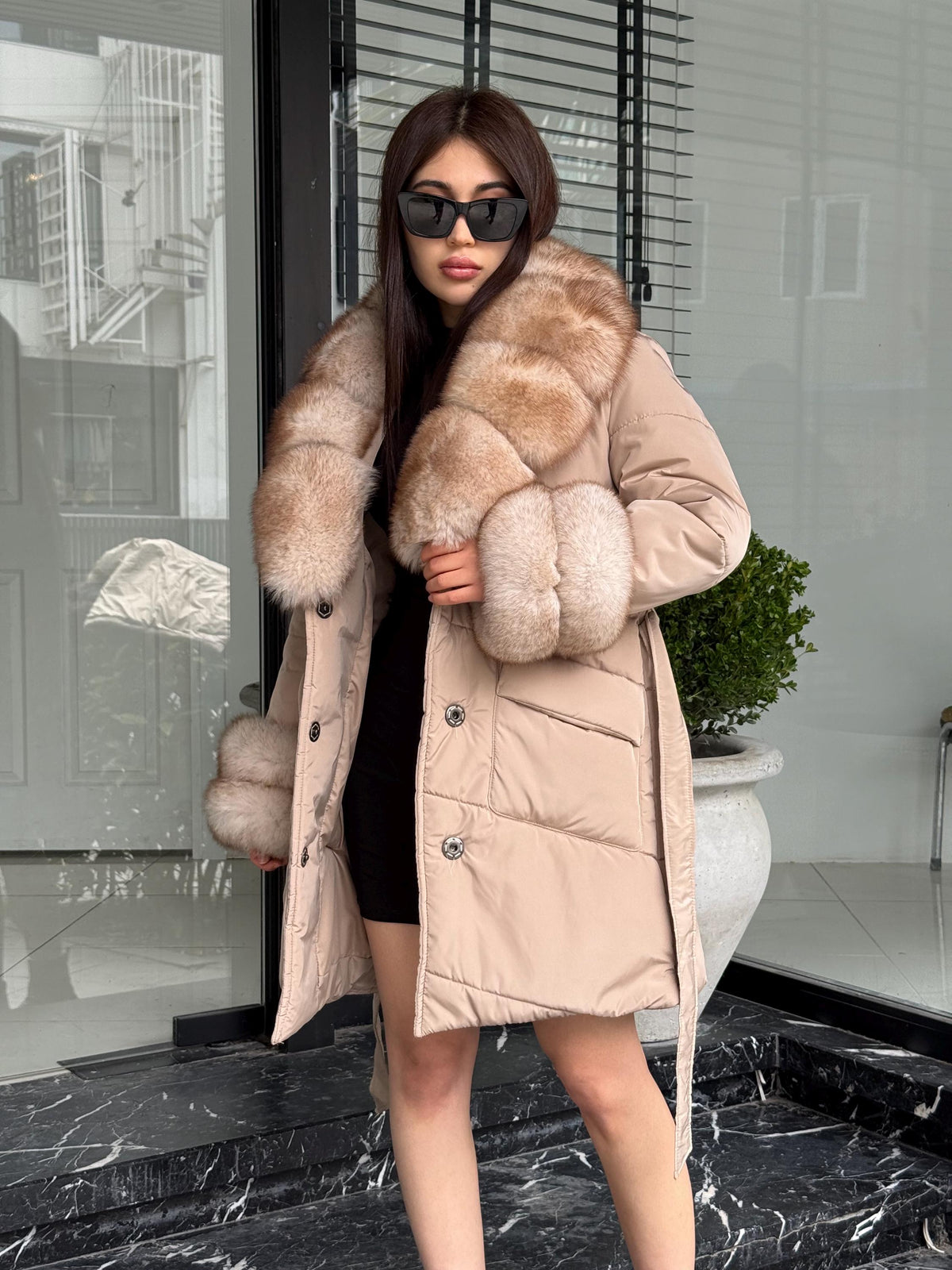 Beige Puffer Coat, Women’s Handmade Short Collar Cuffs Fox Fur Jacket