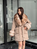 Beige Puffer Coat, Women’s Handmade Short Collar Cuffs Fox Fur Jacket