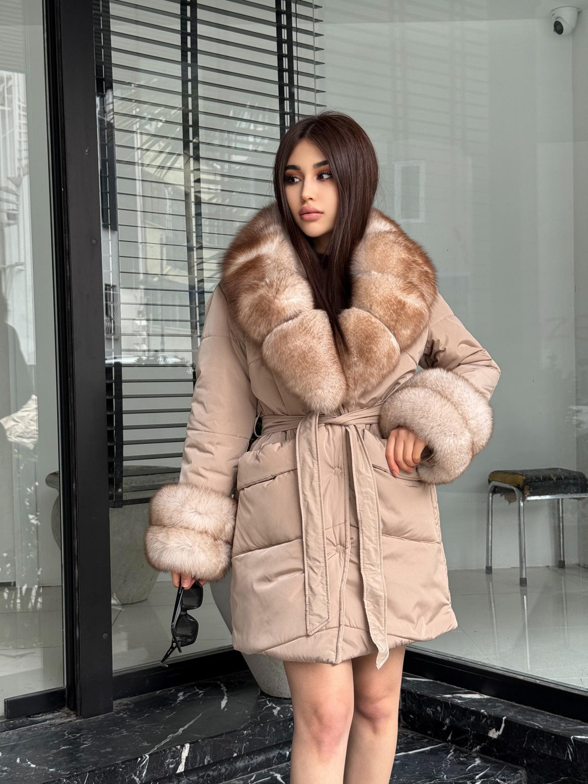 Beige Puffer Coat, Women’s Handmade Short Collar Cuffs Fox Fur Jacket